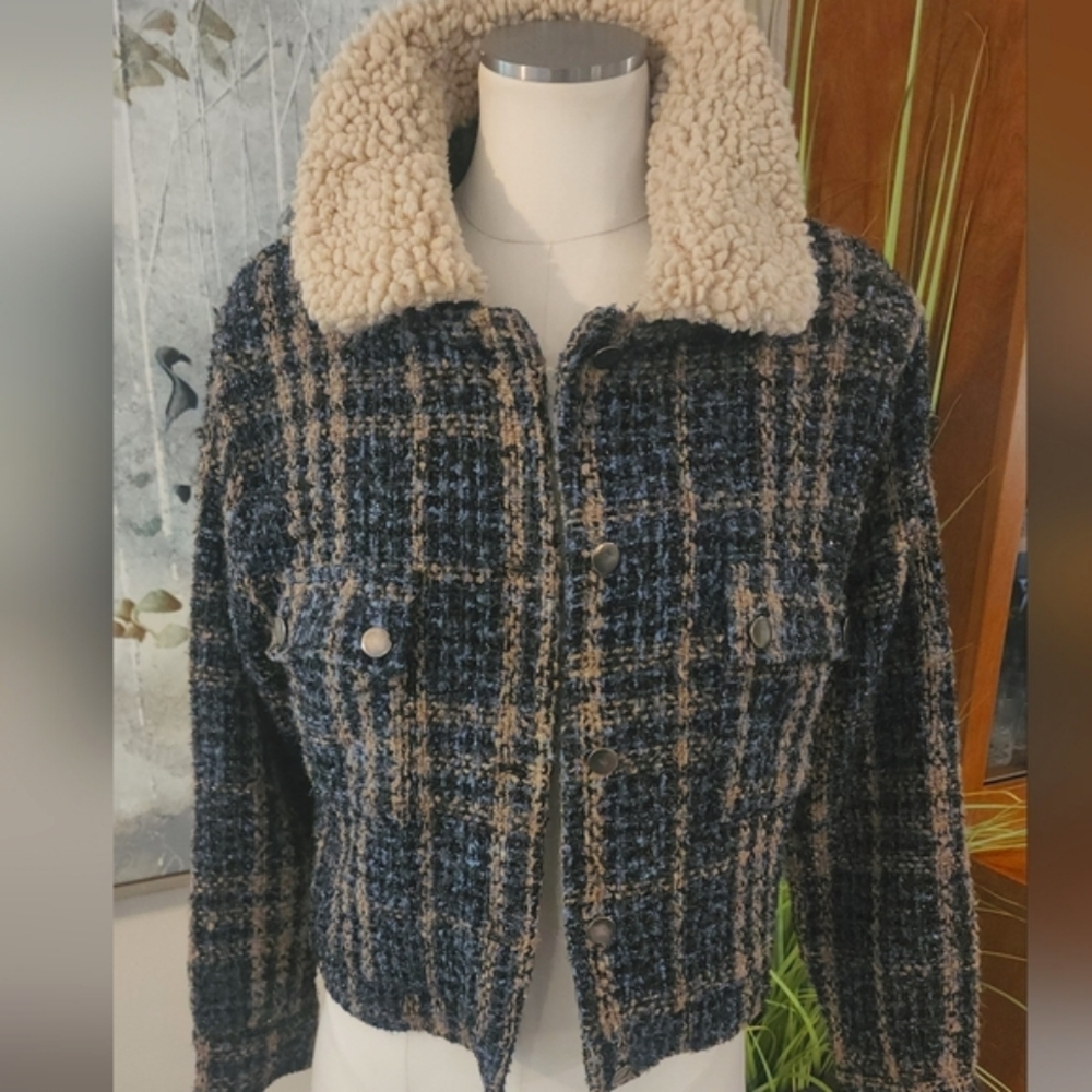 Sweet Rain Contemporary Plaid Tweed Sherpa Collared Jacket Women's Size L